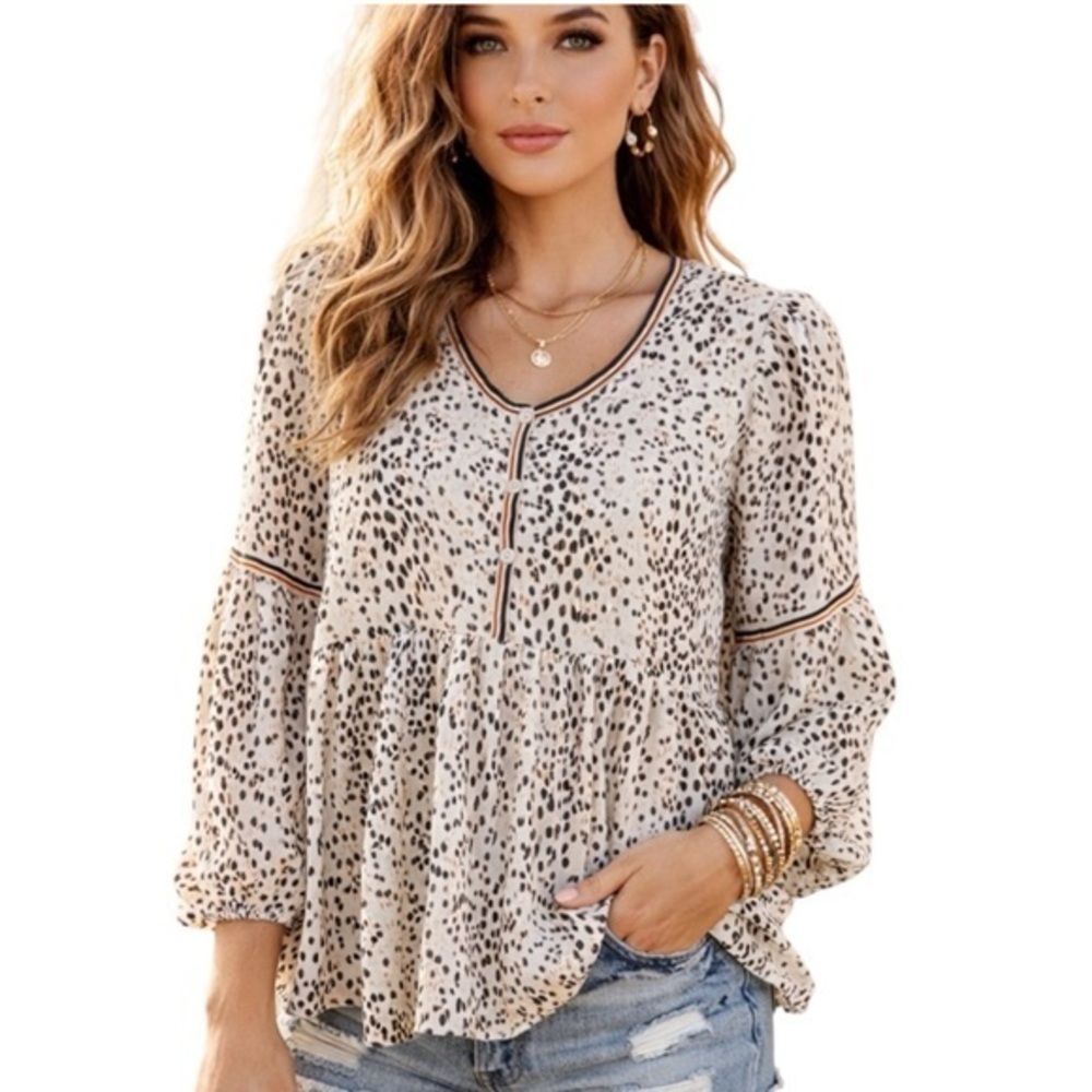 Max Studio Ivory Speckled Romantic Boho Babydoll Blouse Size Small